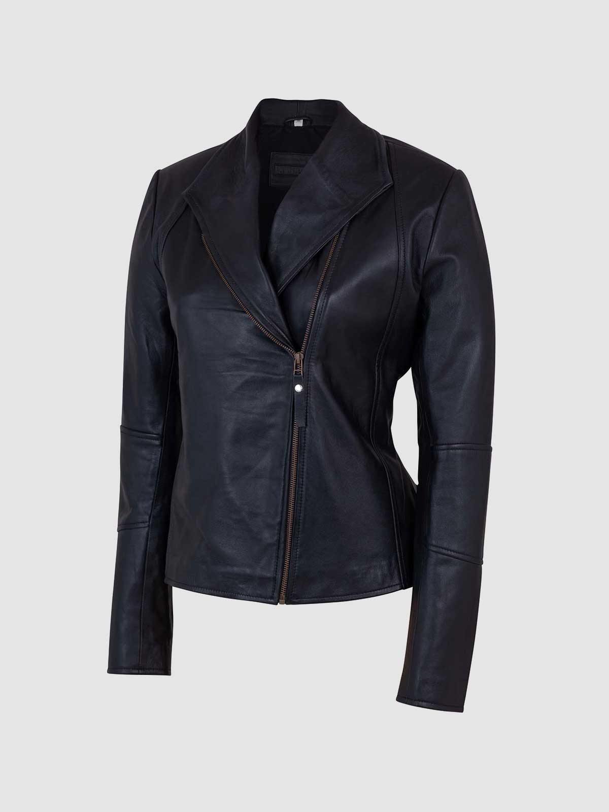 Women's Black Leather Biker Jacket with diamond quilted shoulders, notched lapels, and an asymmetrical zipper.