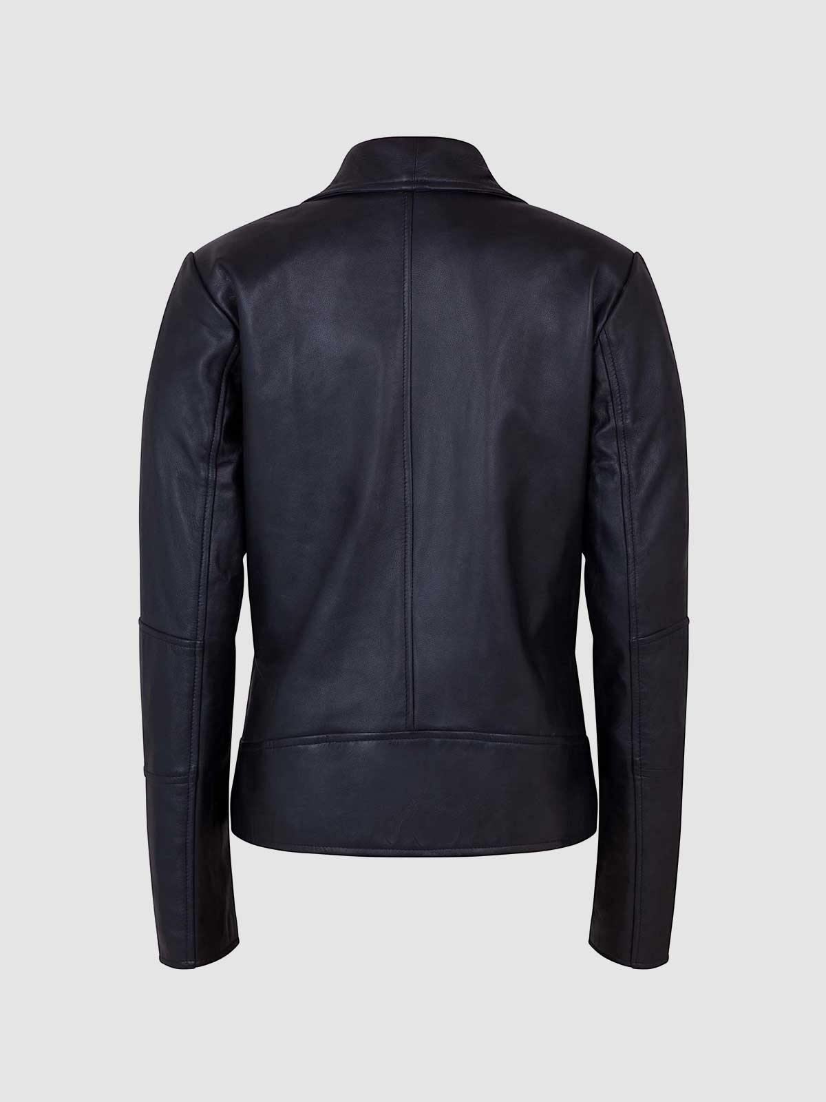 Black leather moto jacket. Women's quilted shoulders, asymmetrical zip, notched lapel.