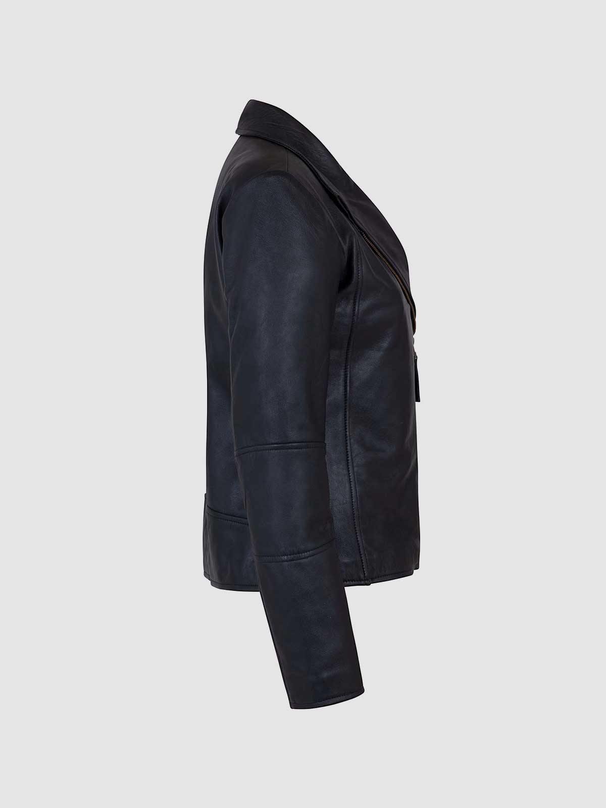 Tailored black leather jacket with quilted shoulders, offering a flattering fit and authentic biker style.