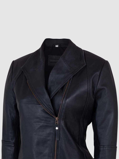 Front view of a black leather jacket for women, showing the classic fold-down collar, silver zippers, and a unique flap pocket detail.