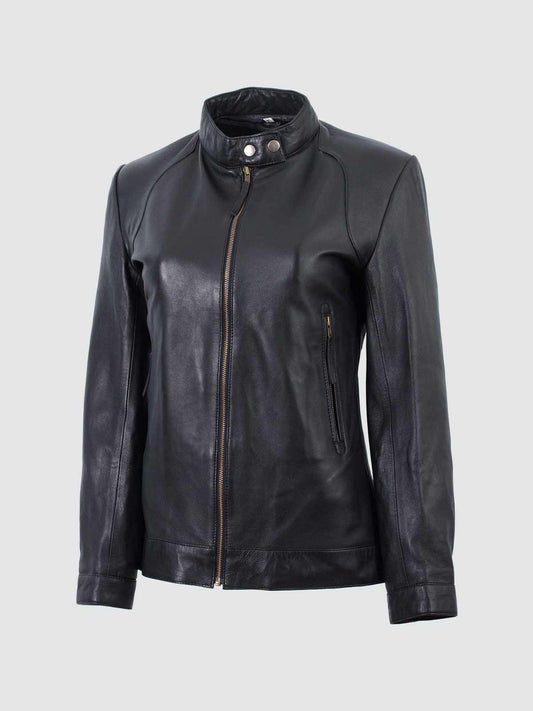 Women's Black Leather Biker Jacket with diamond quilted shoulders, notched lapels, and an asymmetrical zipper.