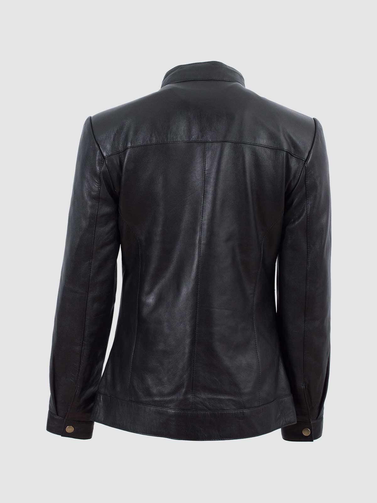 Black leather jacket with quilted diamond stitching on the shoulders and multiple zippered and snapped pockets.