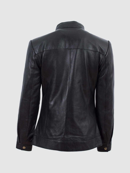 Black leather jacket with quilted diamond stitching on the shoulders and multiple zippered and snapped pockets.
