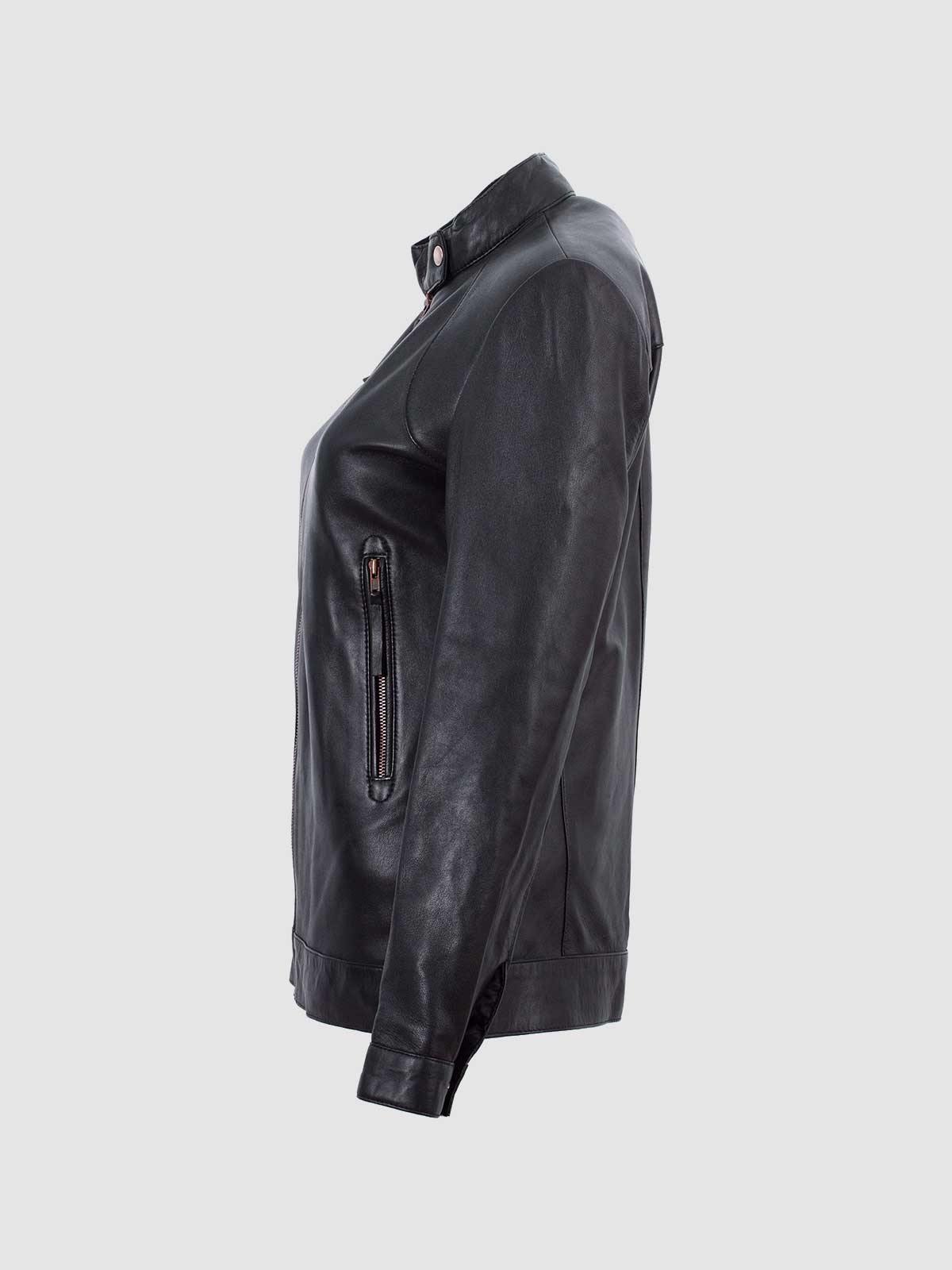 Front view of a black leather jacket for women, showing the classic fold-down collar, silver zippers, and a unique flap pocket detail.