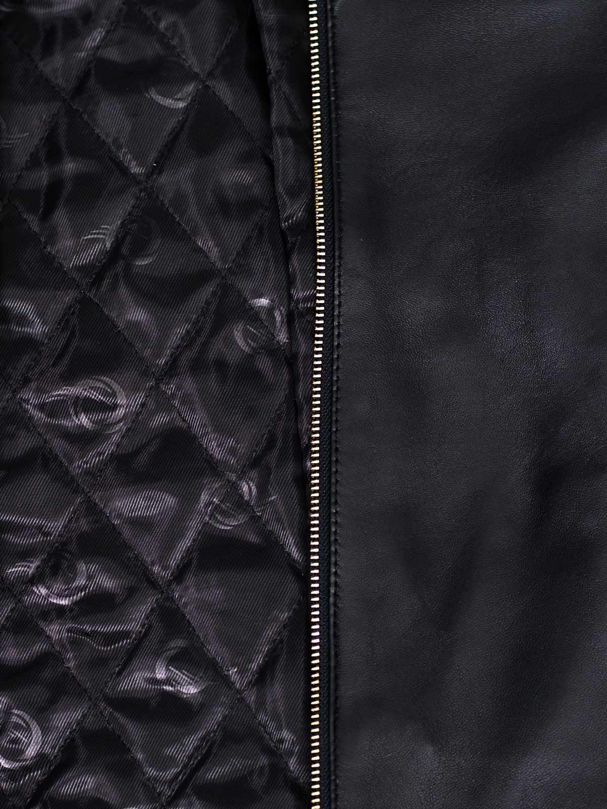 Black leather moto jacket. Women's quilted shoulders, asymmetrical zip, notched lapel.