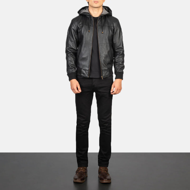 Men's Aviator black leather bomber jacket. Classic style with ribbed trims and a zippered utility arm pocket.