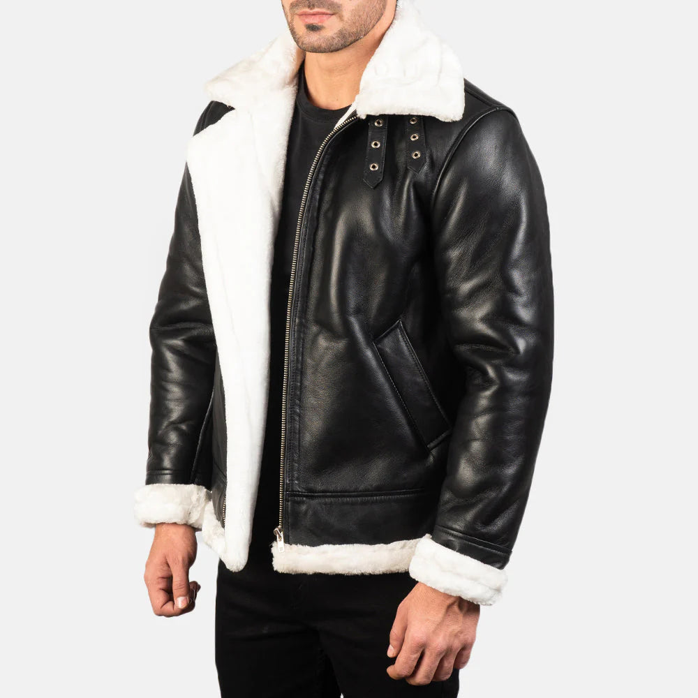 Warm black leather aviator jacket for men, lined with white shearling for superior cold-weather protection and high-contrast style.