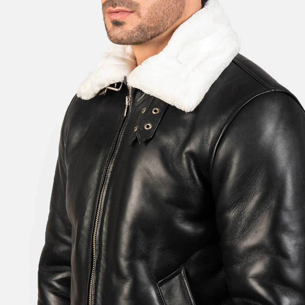 Black B3 bomber jacket. White shearling, sheepskin leather, winter coat.
