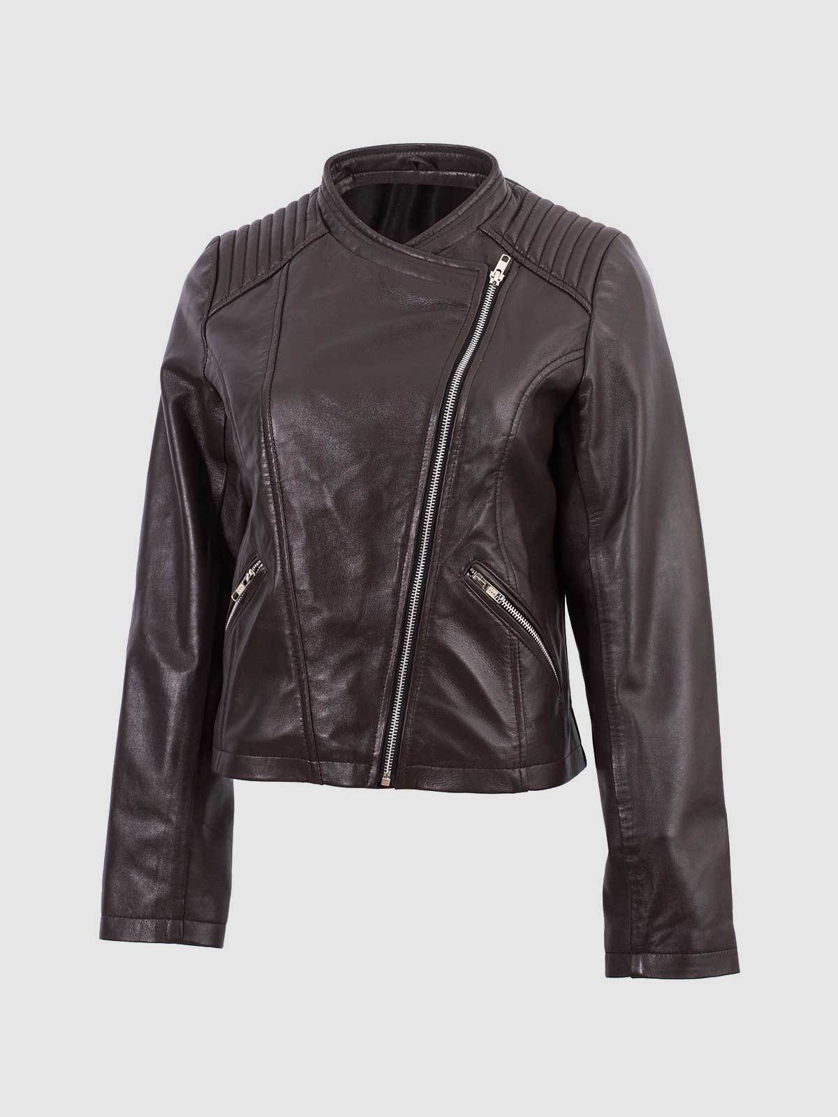 Women's Black Leather Asymmetrical Biker Jacket with wide notched lapels and a minimalist tailored fit.