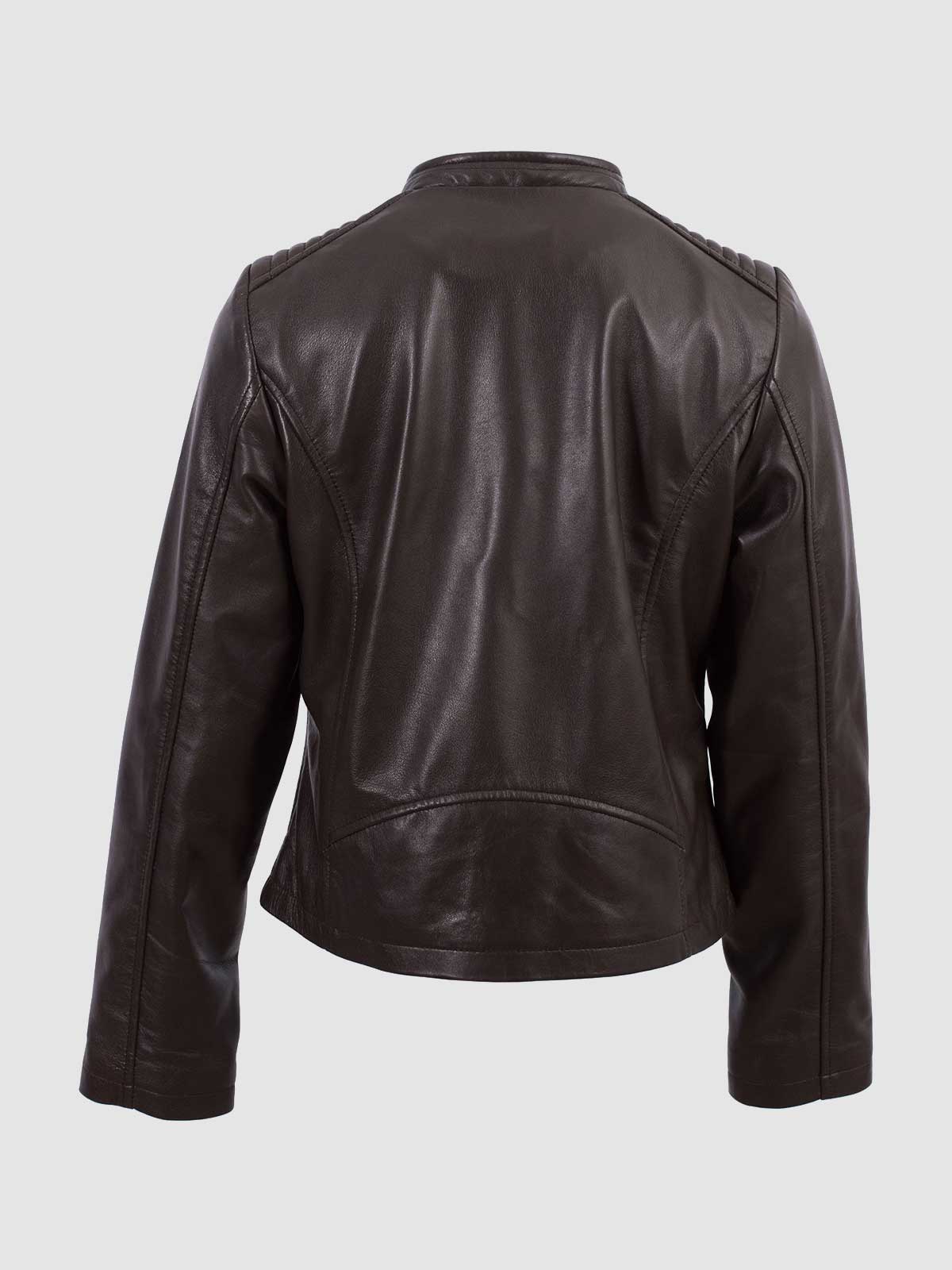Front view of a sleek black leather jacket for women, showing the diagonal zipper, wide collar, and flattering seam details.