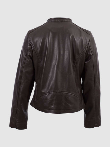 Front view of a sleek black leather jacket for women, showing the diagonal zipper, wide collar, and flattering seam details.
