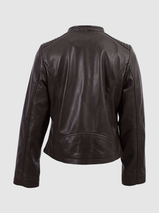 Front view of a sleek black leather jacket for women, showing the diagonal zipper, wide collar, and flattering seam details.