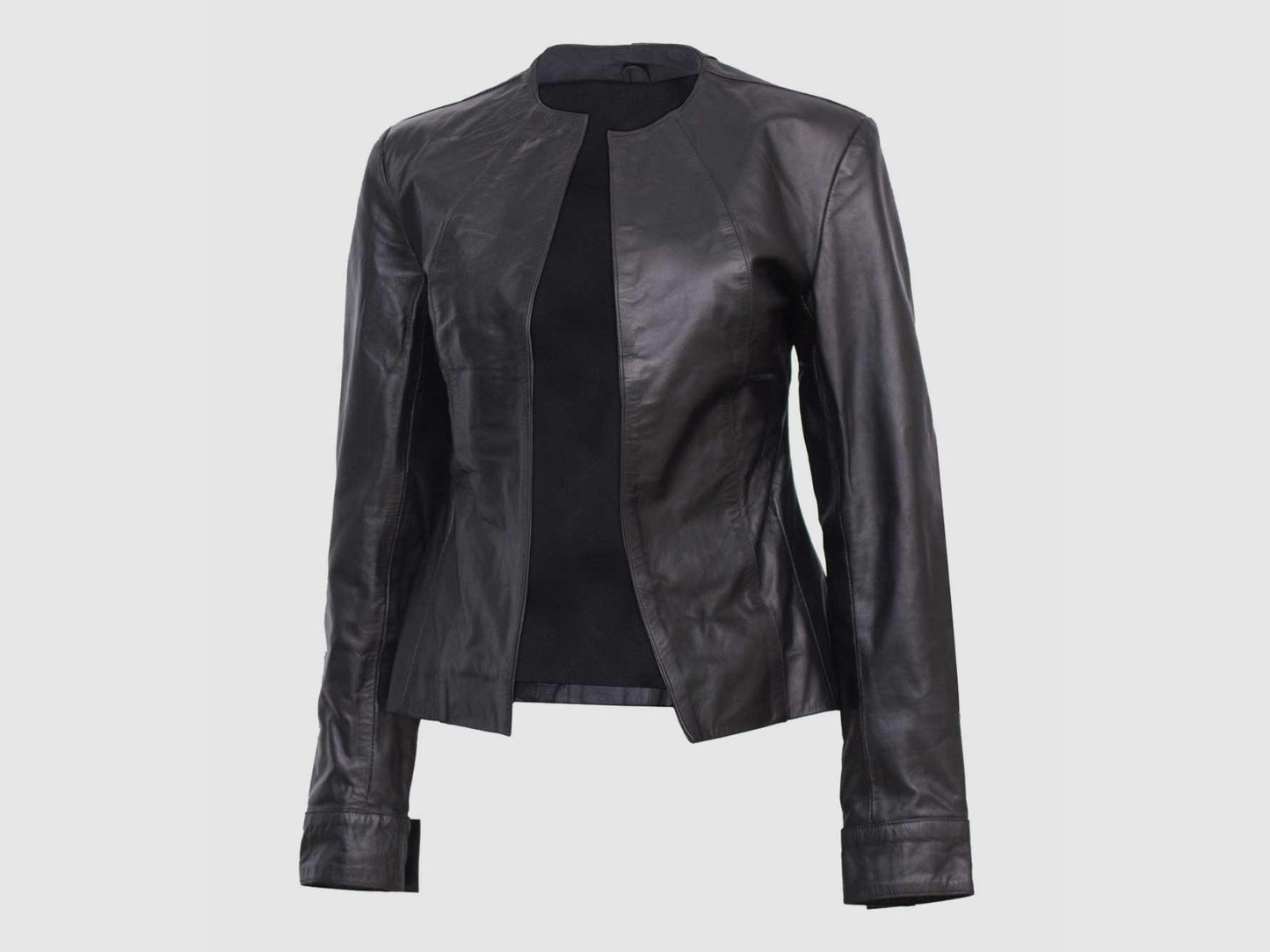 Women's black leather collarless jacket with an open front and sleek, minimalist design.
