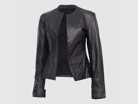 Women's black leather collarless jacket with an open front and sleek, minimalist design.