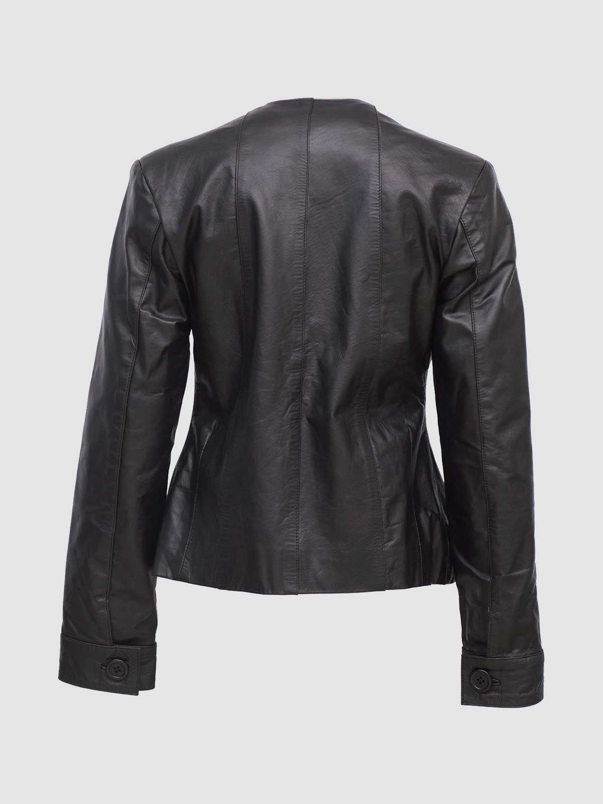 Chic black leather blazer-style jacket for women, perfect for layering with its collarless and open front.