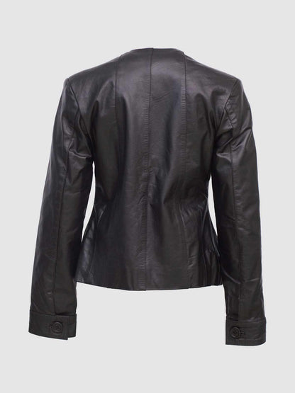 Chic black leather blazer-style jacket for women, perfect for layering with its collarless and open front.