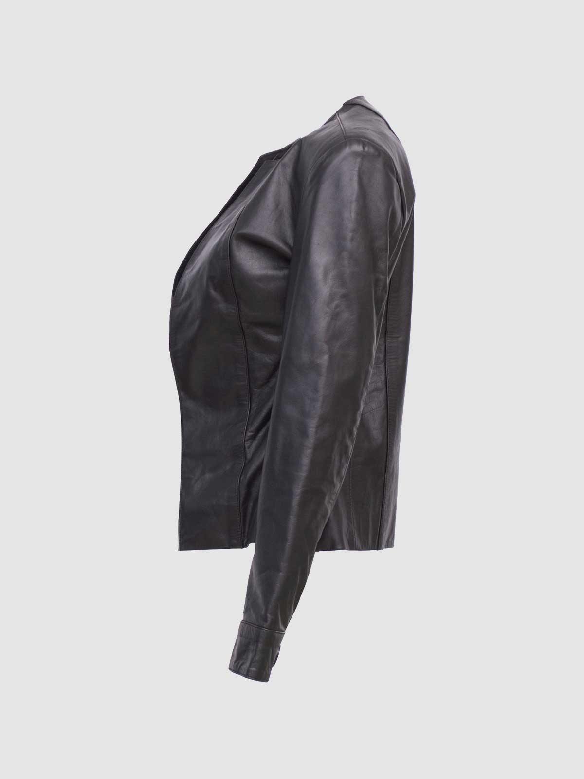 Front view of a tailored black leather jacket for women, showing the high round neckline and no visible closure.