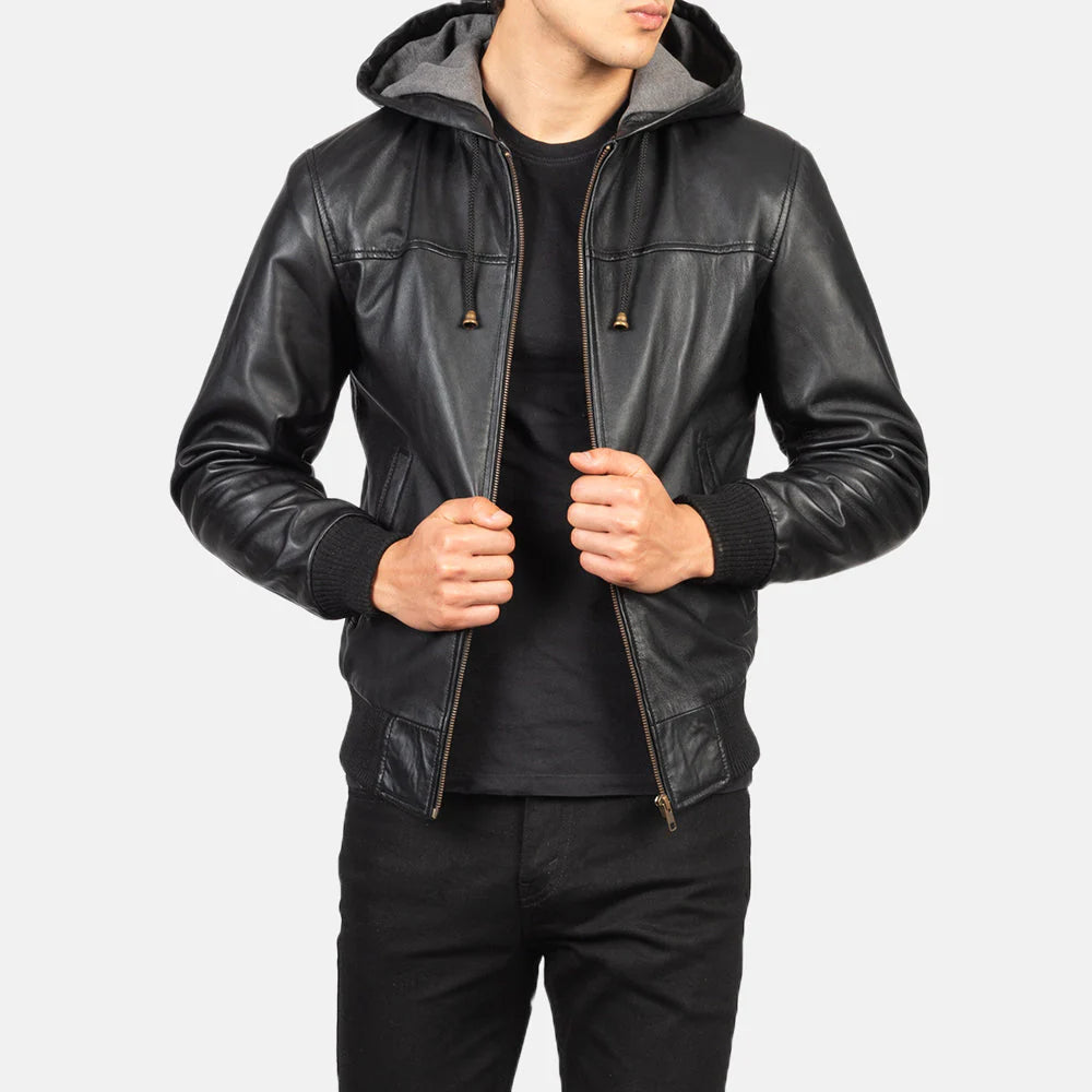 Premium black leather bomber jacket for men, offering timeless style, comfortable ribbed trims, and a practical arm utility pocket.
