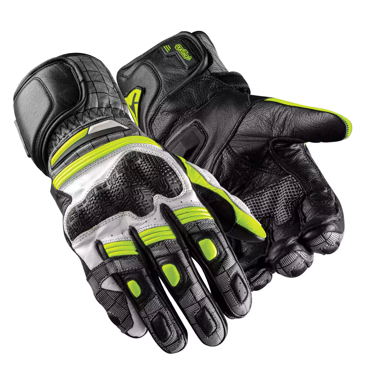 Customizable leather motorcycle racing gloves with carbon fiber knuckles in a black and white track design.