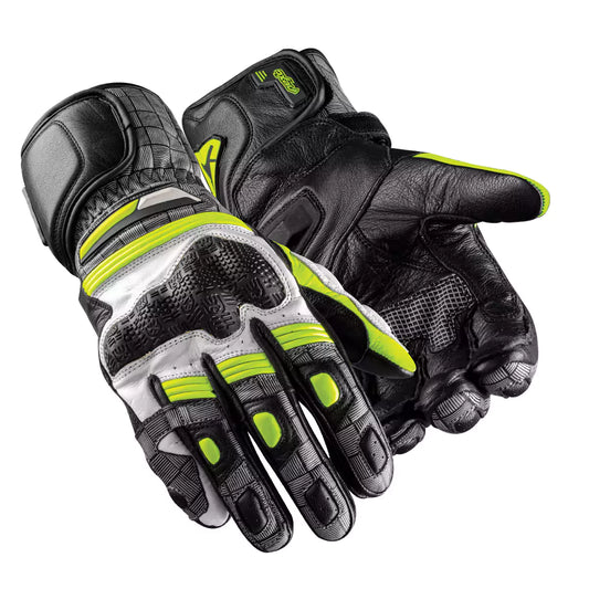 Customizable leather motorcycle racing gloves with carbon fiber knuckles in a black and white track design.