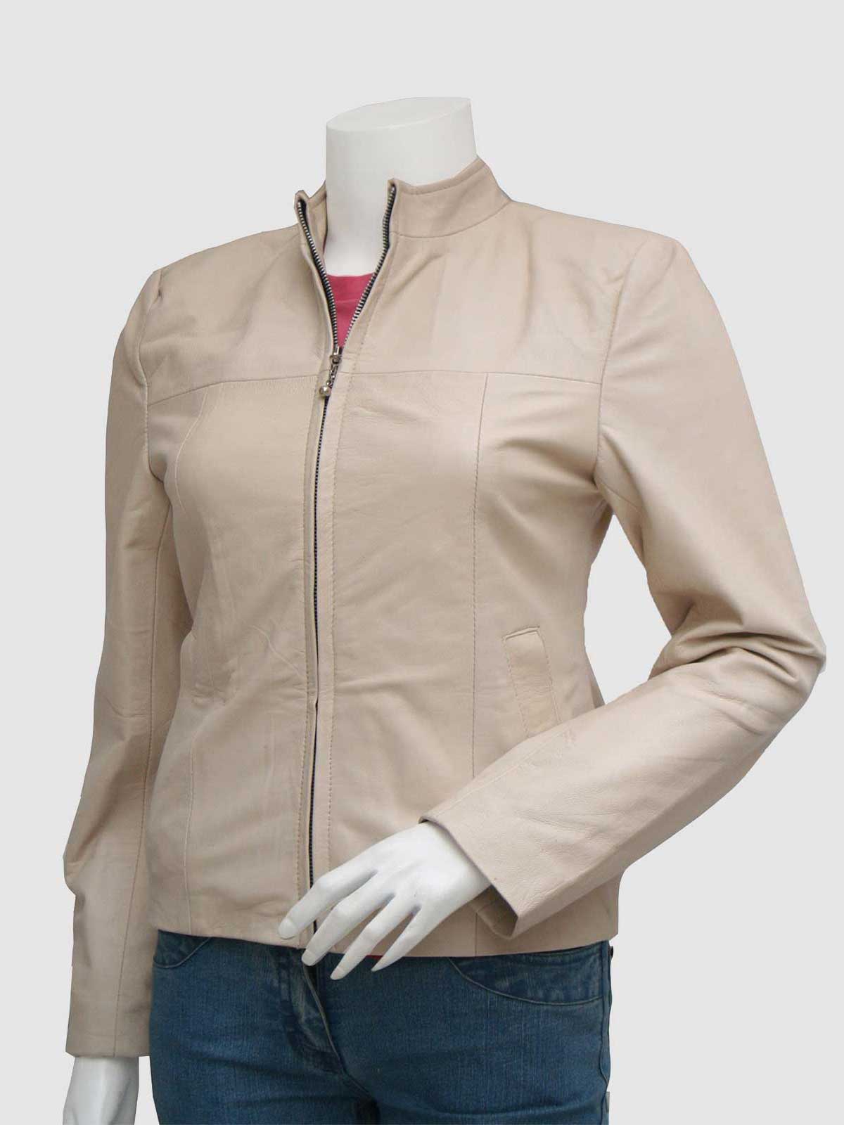 Women's Light Cream Leather Cafe Racer Jacket with a minimalist stand collar and full zip closure, shown on a mannequin.