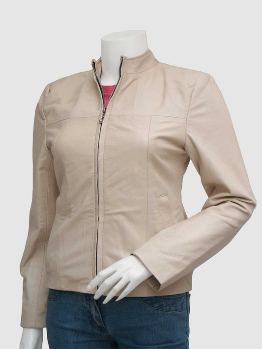 Women's Light Cream Leather Cafe Racer Jacket with a minimalist stand collar and full zip closure, shown on a mannequin.