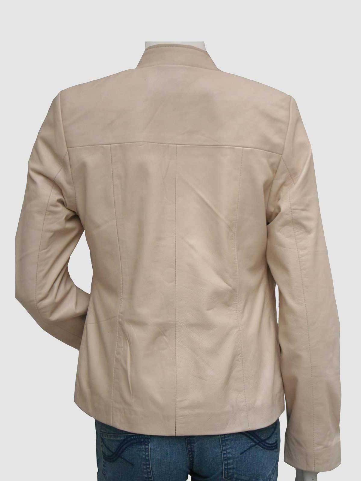 Front view of a tailored light cream/beige leather jacket for women, featuring a high stand collar, dark main zipper, and subtle panel stitching