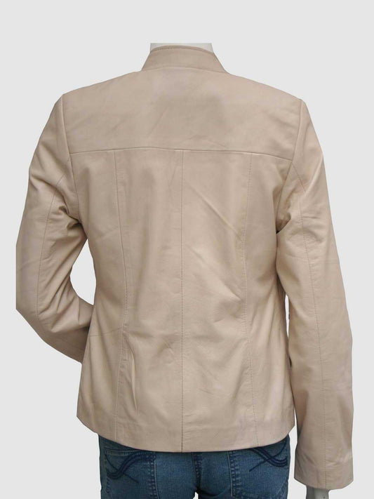 Front view of a tailored light cream/beige leather jacket for women, featuring a high stand collar, dark main zipper, and subtle panel stitching