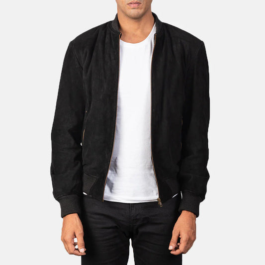 Men's Stealth Black Suede Bomber Jacket. Classic style with ribbed trims and a full front zip closure.