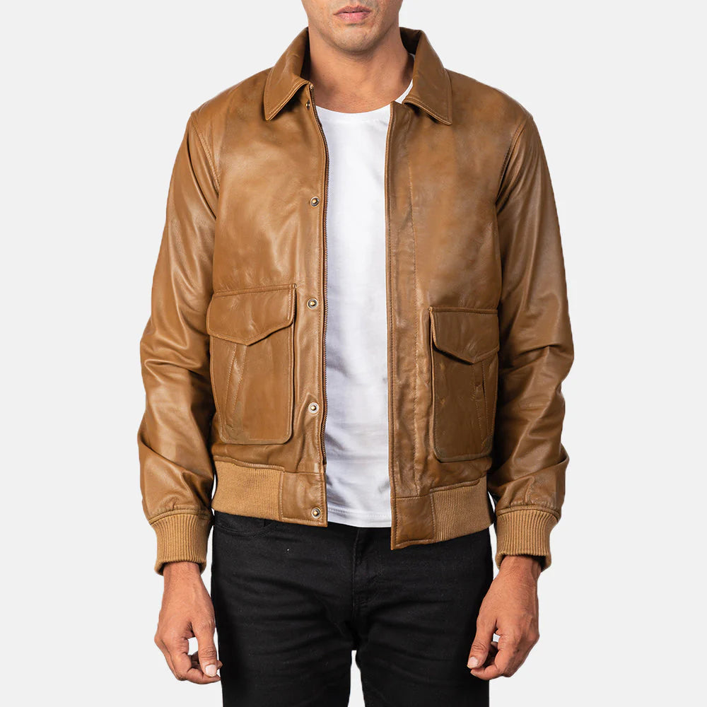 Men's Maverick Tan Leather Flight Jacket, A-2 style with shirt collar and two large flap pockets.