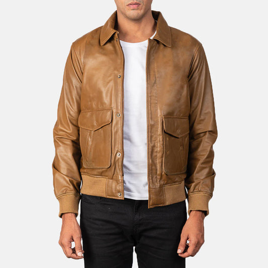 Men's Maverick Tan Leather Flight Jacket, A-2 style with shirt collar and two large flap pockets.