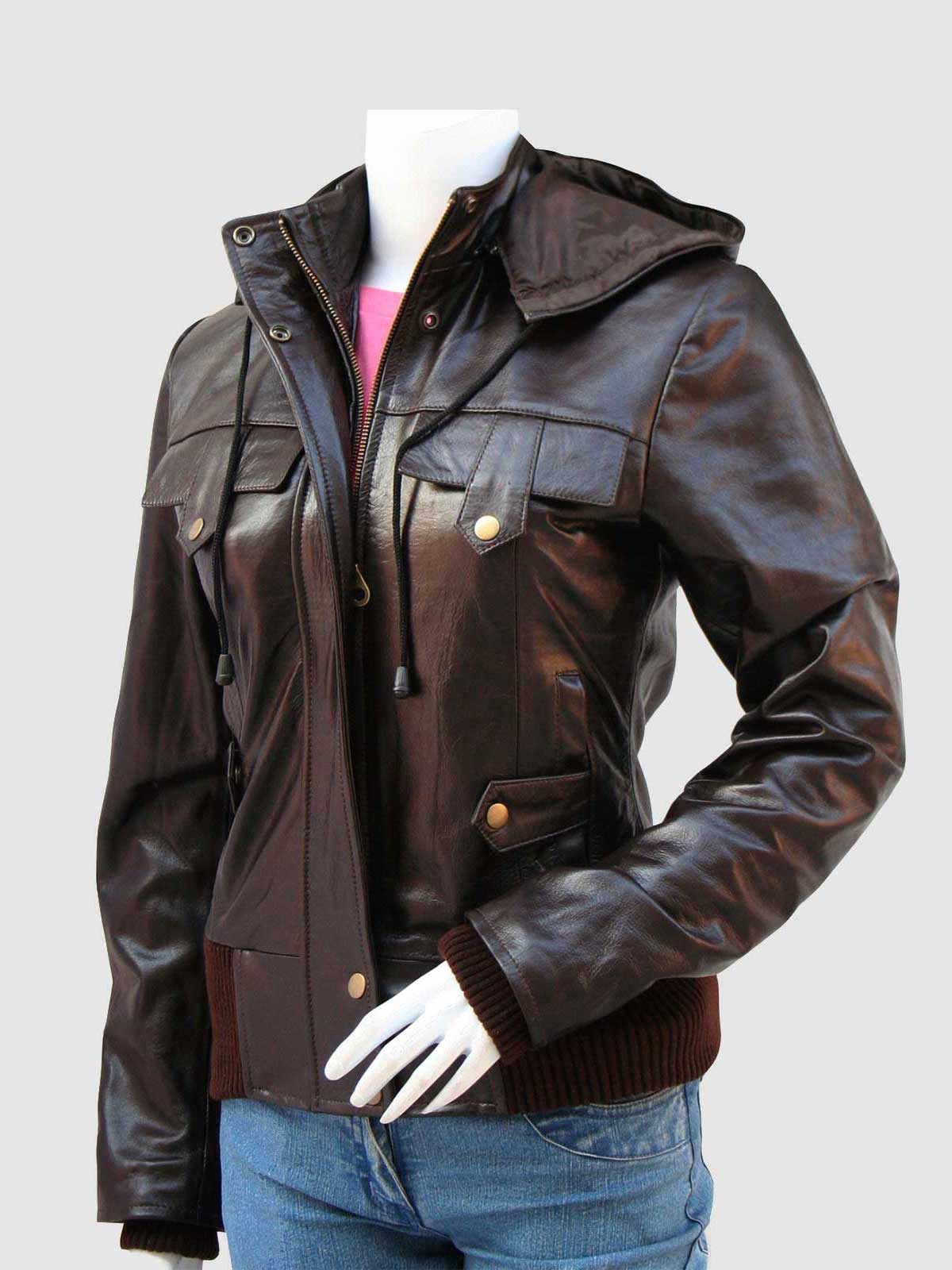 Women's Dark Brown Leather Hooded Parka Jacket with utility flap pockets and a ribbed knit hem.
