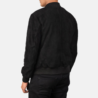 Matte black suede leather jacket featuring a baseball collar and zip front closure.