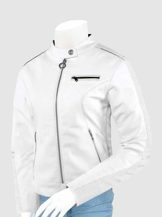 Front view of a white leather moto jacket for women, showing the silver ring-pull chest pocket, full zip, and micro-holed perforated leather on the sides.