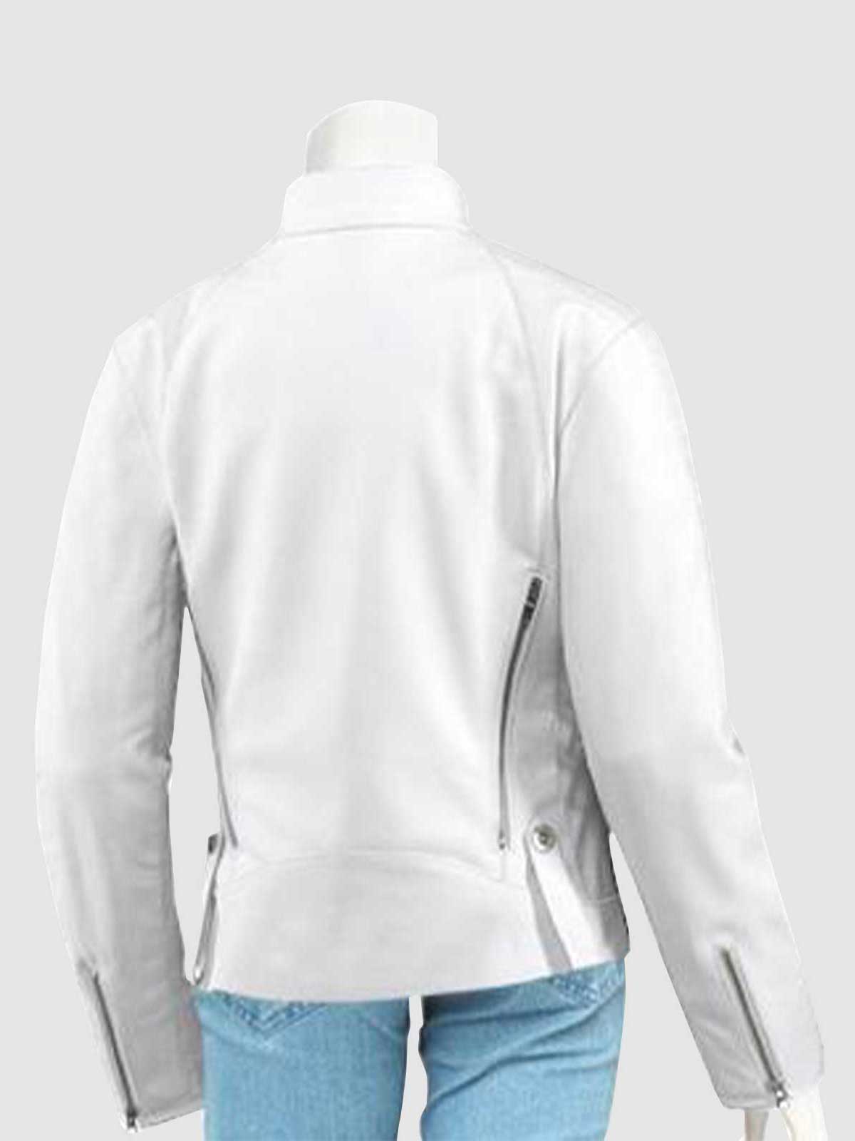 Women's White Leather Cafe Racer Jacket with a stand collar and perforated side panels for ventilation.