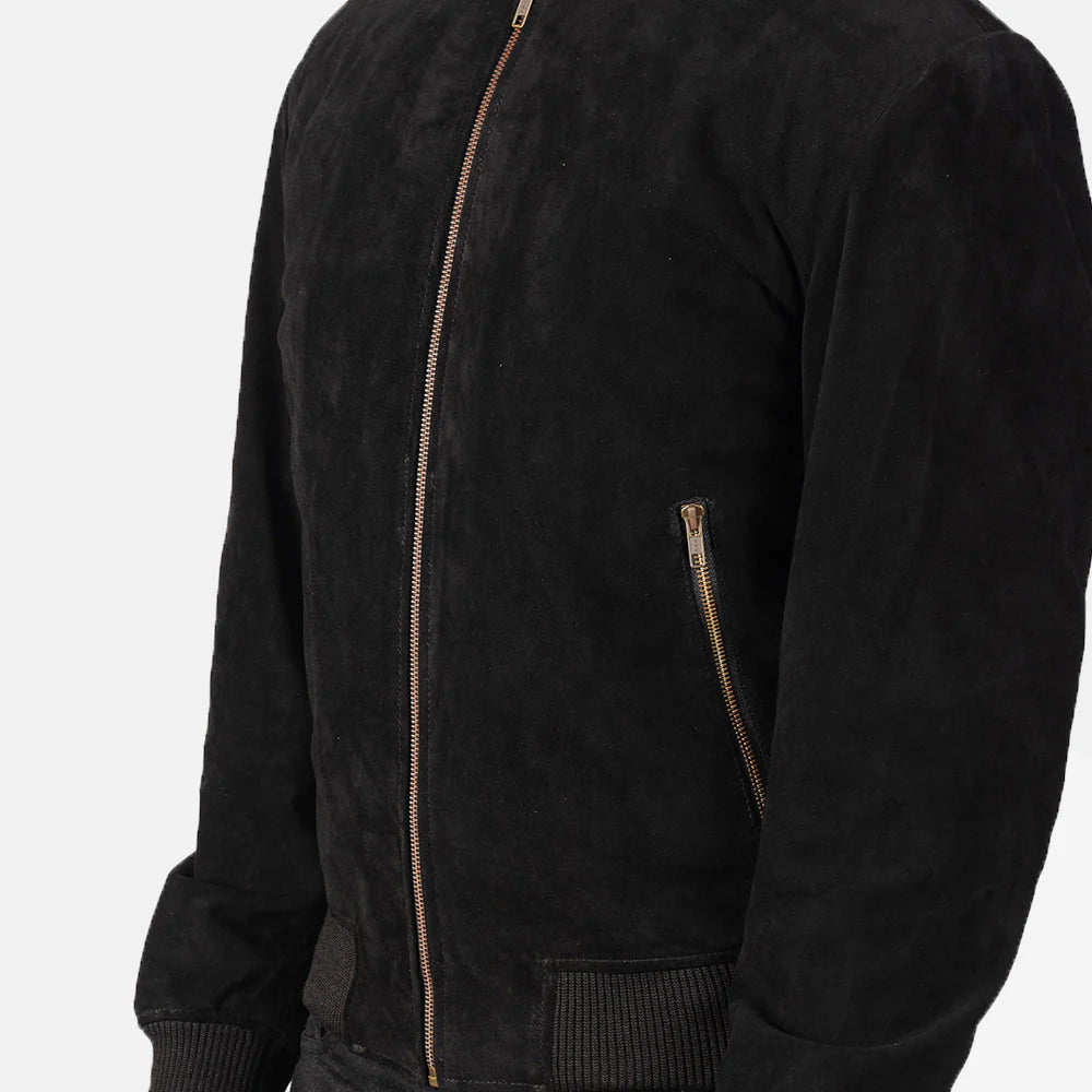 Black suede bomber jacket. Ribbed trim, minimalist design, soft leather.