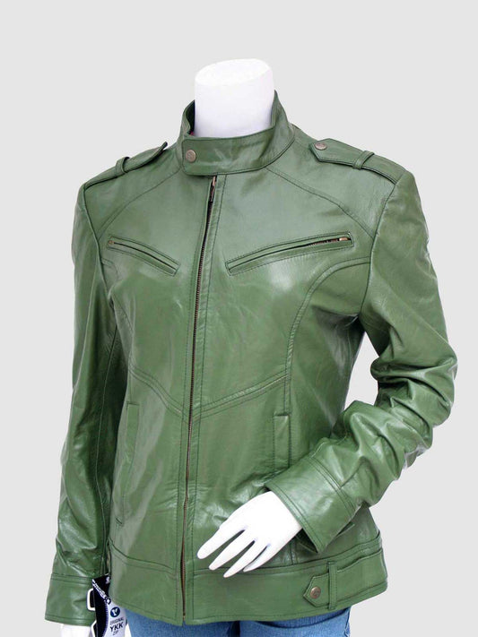 Front view of a tailored olive green leather jacket for women, showing snap-button epaulets and a full front zipper with dark hardware.