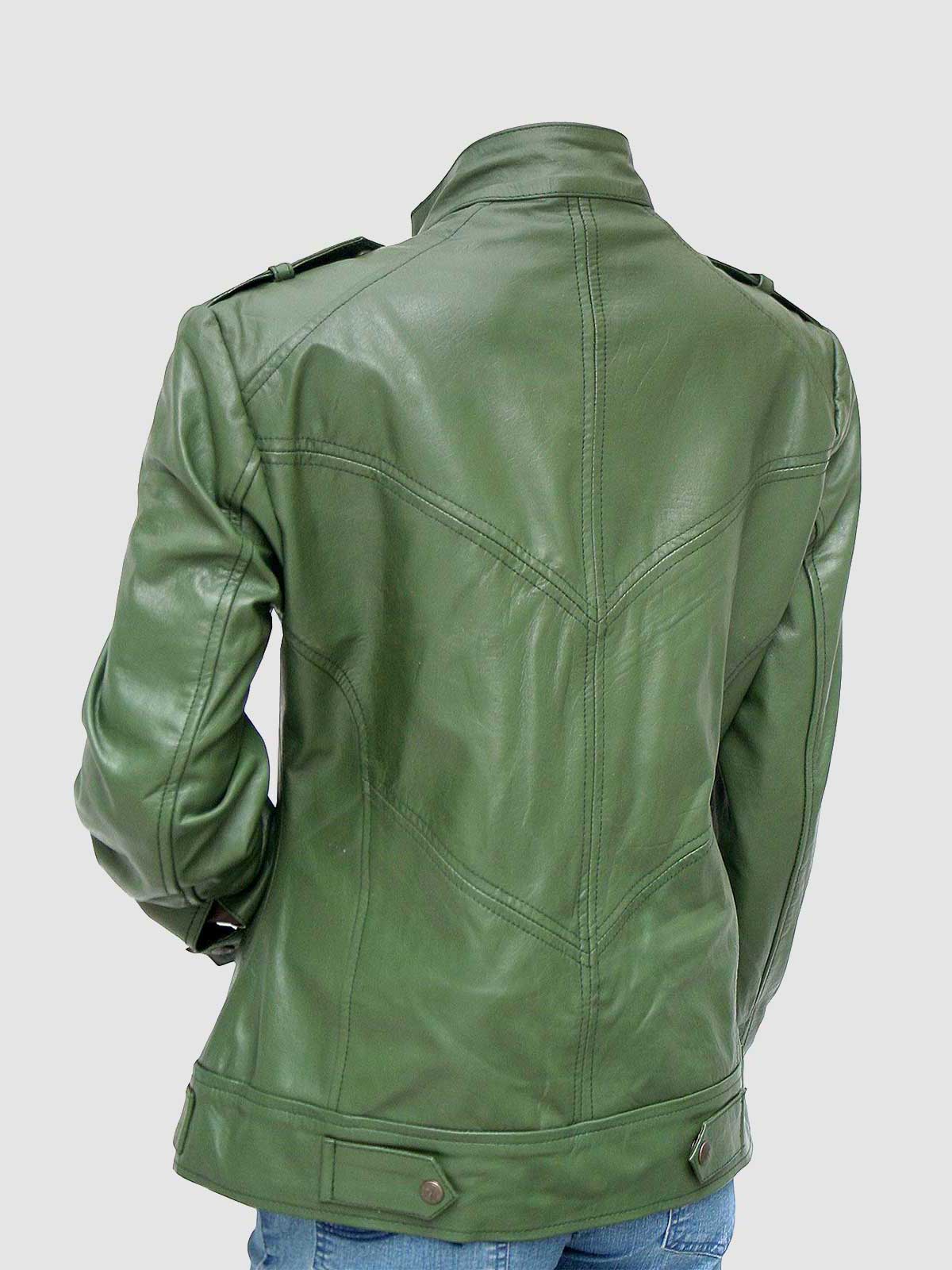Stylish moss green leather jacket with a tailored fit, perfect for an edgy, military-inspired chic look.