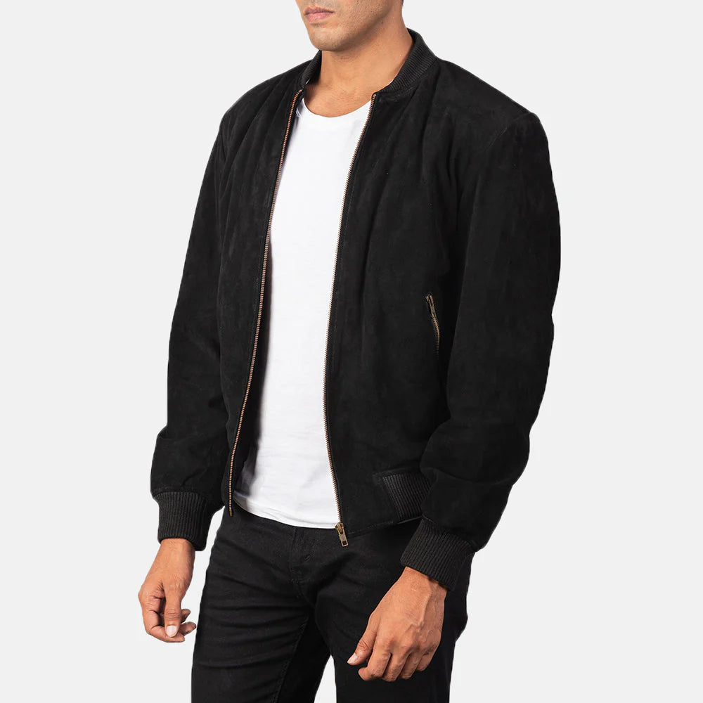 Luxurious black suede bomber jacket for men, offering a soft texture and refined, modern fit.