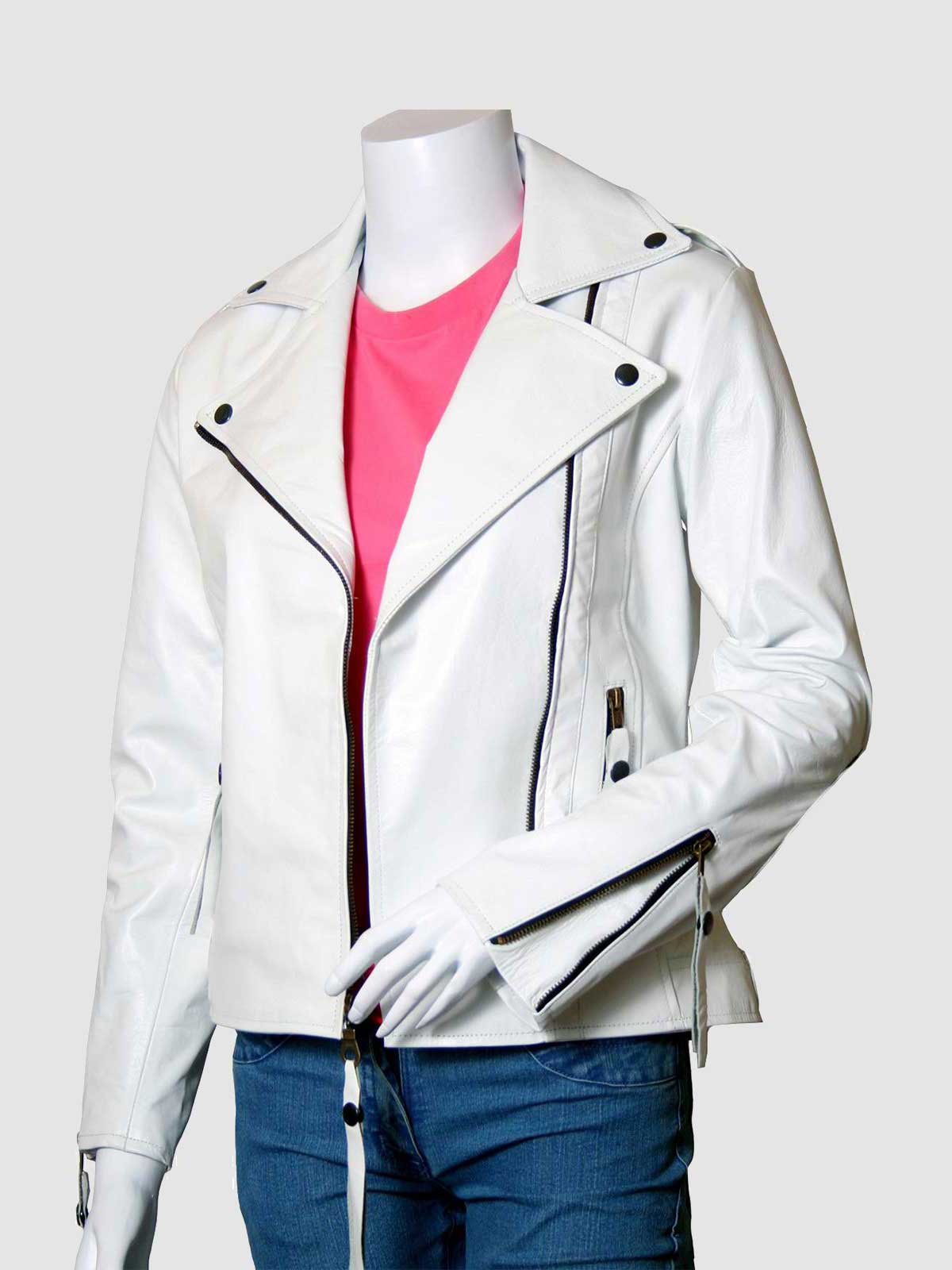Front view of a white leather motorcycle jacket for women, showing the contrasting black zippers, snaps, adjustable waist belt, and wide collar.