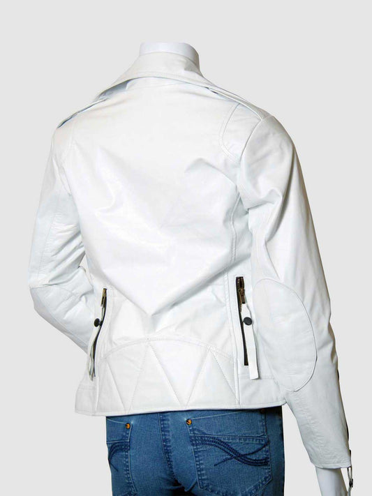 Women's White Leather Biker Jacket with black hardware, an asymmetrical zipper, and wide notched lapels.