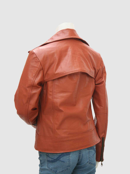 Women's Cognac Brown Leather Double Rider Jacket with a wide notched lapel collar and horizontal ribbed stitching.
