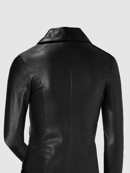 Women's Black Leather Double Rider Biker Jacket with asymmetrical zipper, notched lapels, and multiple silver chest zippers.