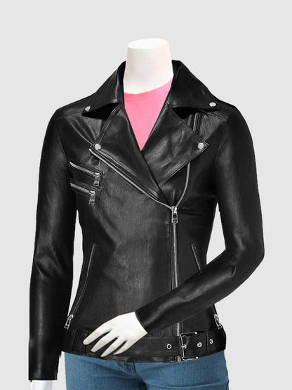 Front view of a tailored black leather moto jacket for women, showing the waist belt, three horizontal zip pockets, and high-shine silver hardware.