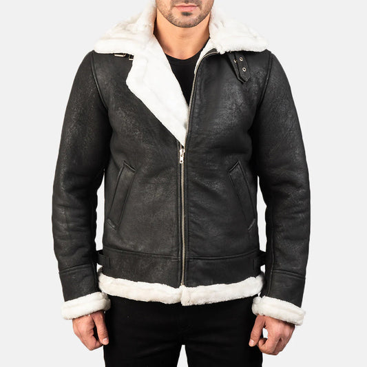 Men's Black Leather Shearling B3 Aviator Jacket with contrasting white fur collar and lining.