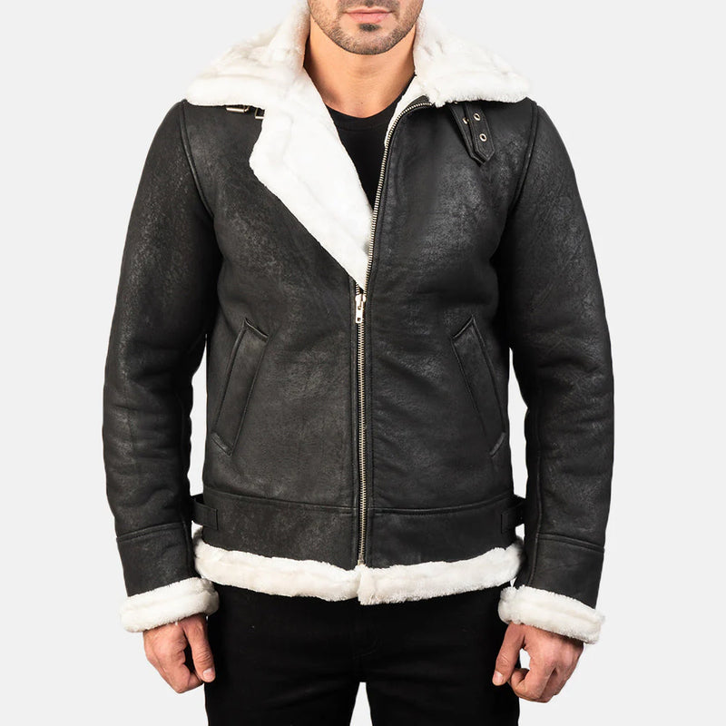 Men's Black Leather Shearling B3 Aviator Jacket with contrasting white fur collar and lining.