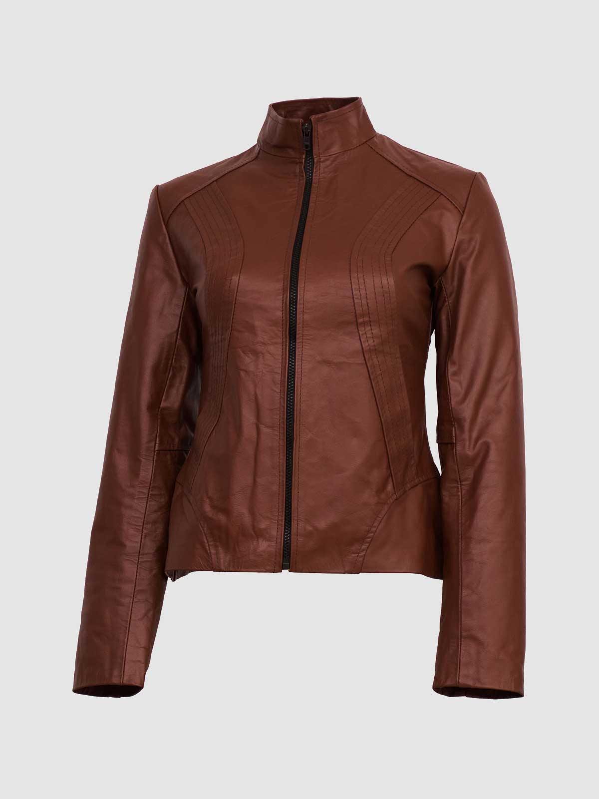 women Varsity Brown Leather Bomber Jacket with white striped knit cuffs and a pointed shirt collar.