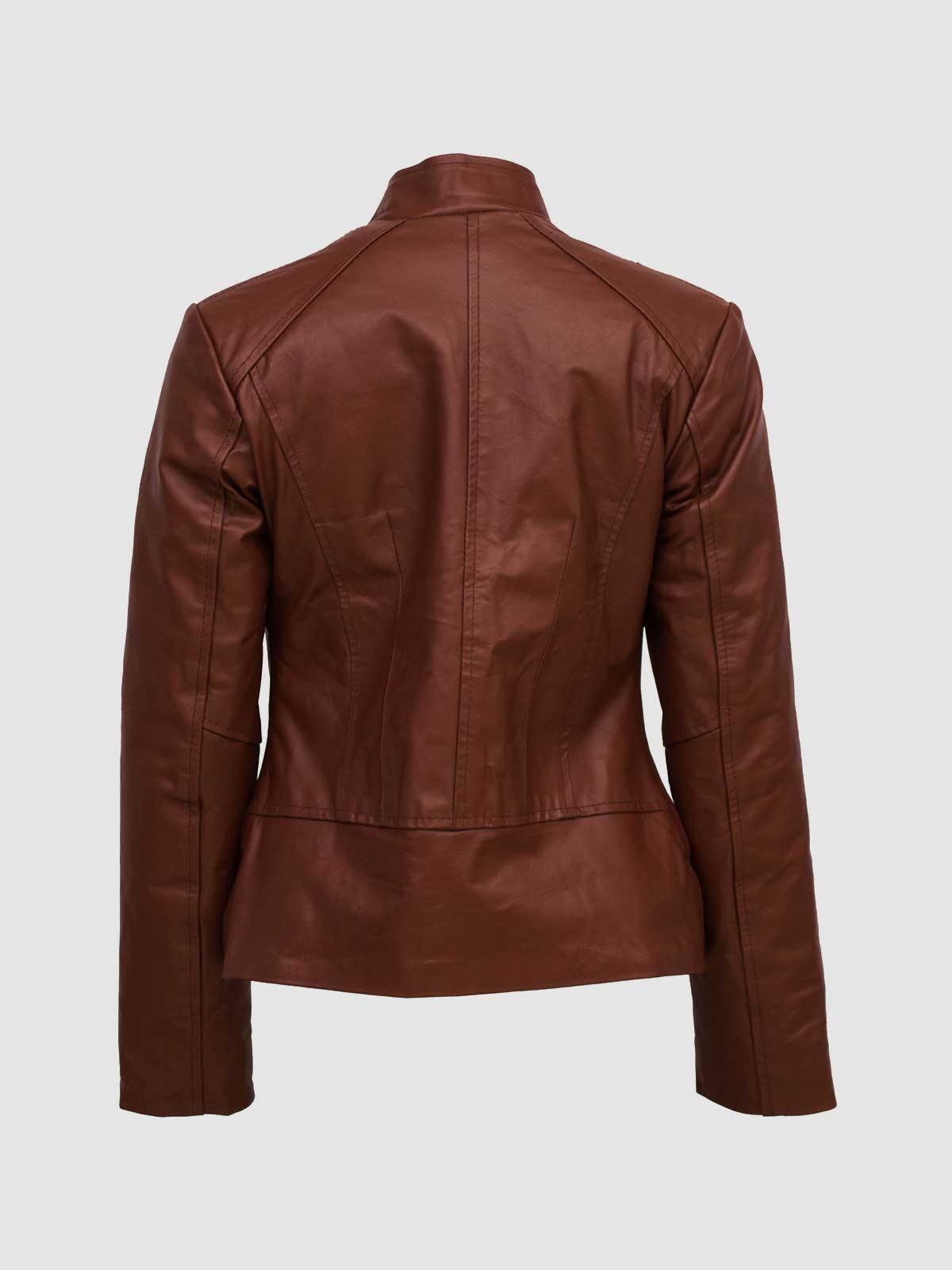 Stylish brown leather bomber jacket for men, featuring a retro varsity look with striped trim for a comfortable, sporty style.