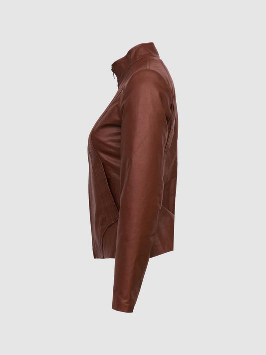 Front view of a smooth brown leather jacket on a women  showcasing the zip closure, fold-down collar, and athletic striped ribbing at the wrist and waist.
