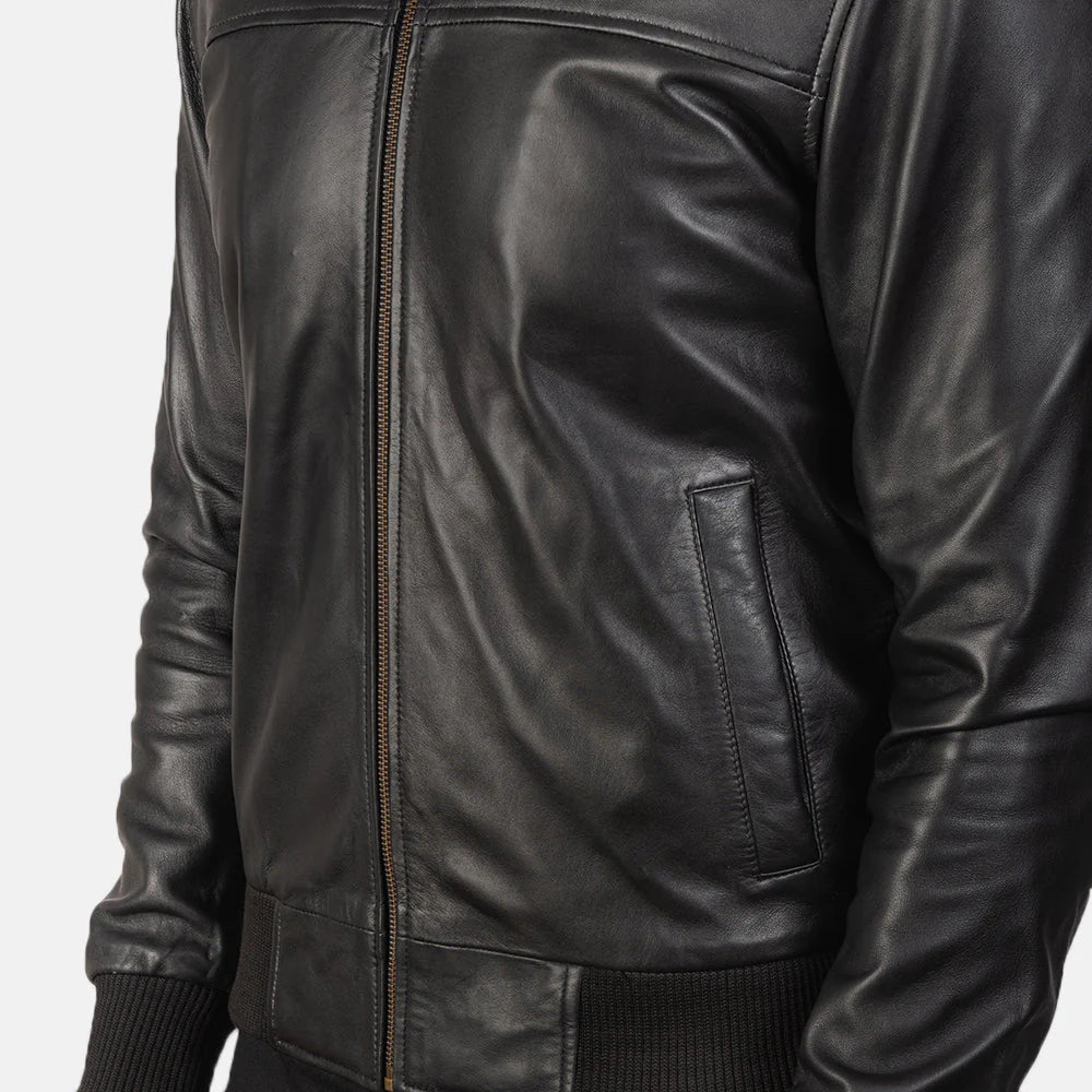Premium black leather bomber jacket for men, offering timeless style, comfortable ribbed trims, and a practical arm utility pocket.